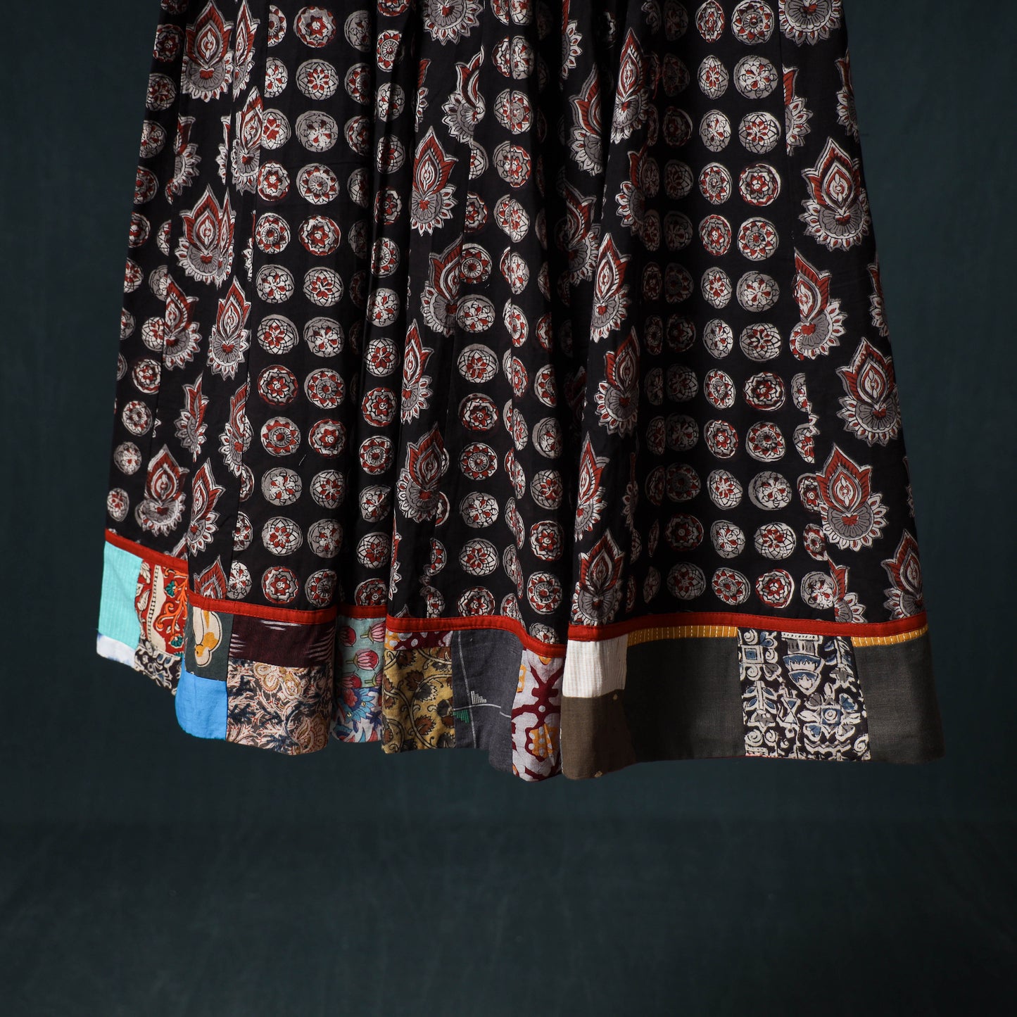 Bagru Hand Block Print 24 Kali Cotton Long Skirt with Patchwork Border 143