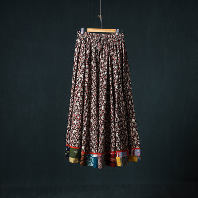 Bagru Hand Block Print 24 Kali Cotton Long Skirt with Patchwork Border 144