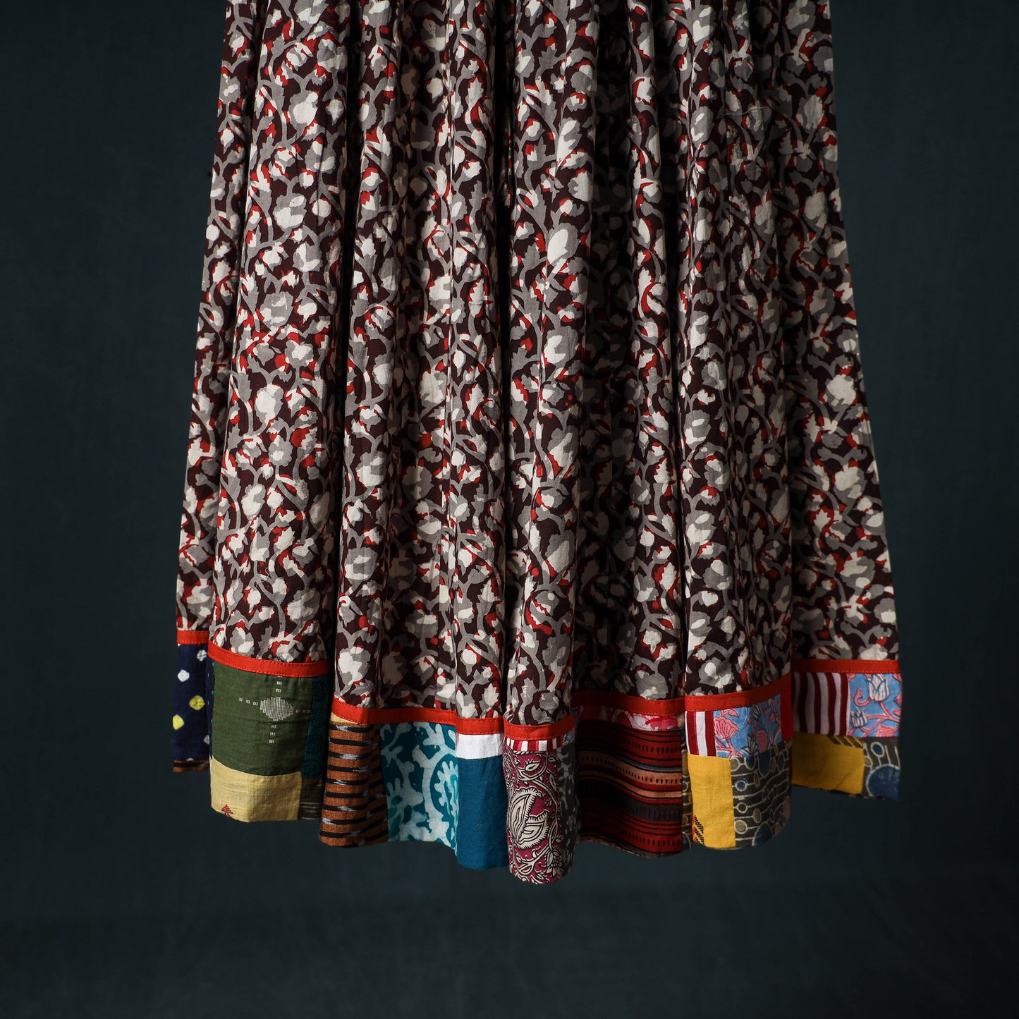 Bagru Hand Block Print 24 Kali Cotton Long Skirt with Patchwork Border 144