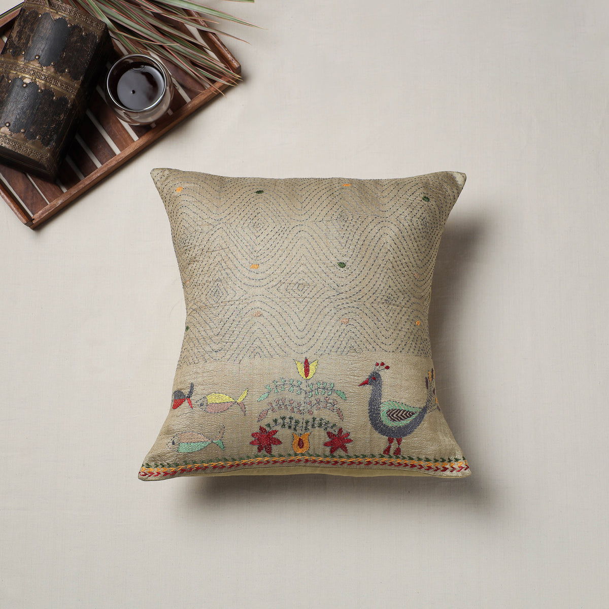 Beige - Bengal Kantha Hand Embroidered Cushion Cover (16 x 16 in) 01