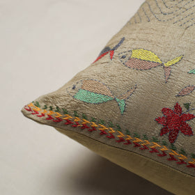 Beige - Bengal Kantha Hand Embroidered Cushion Cover (16 x 16 in) 01