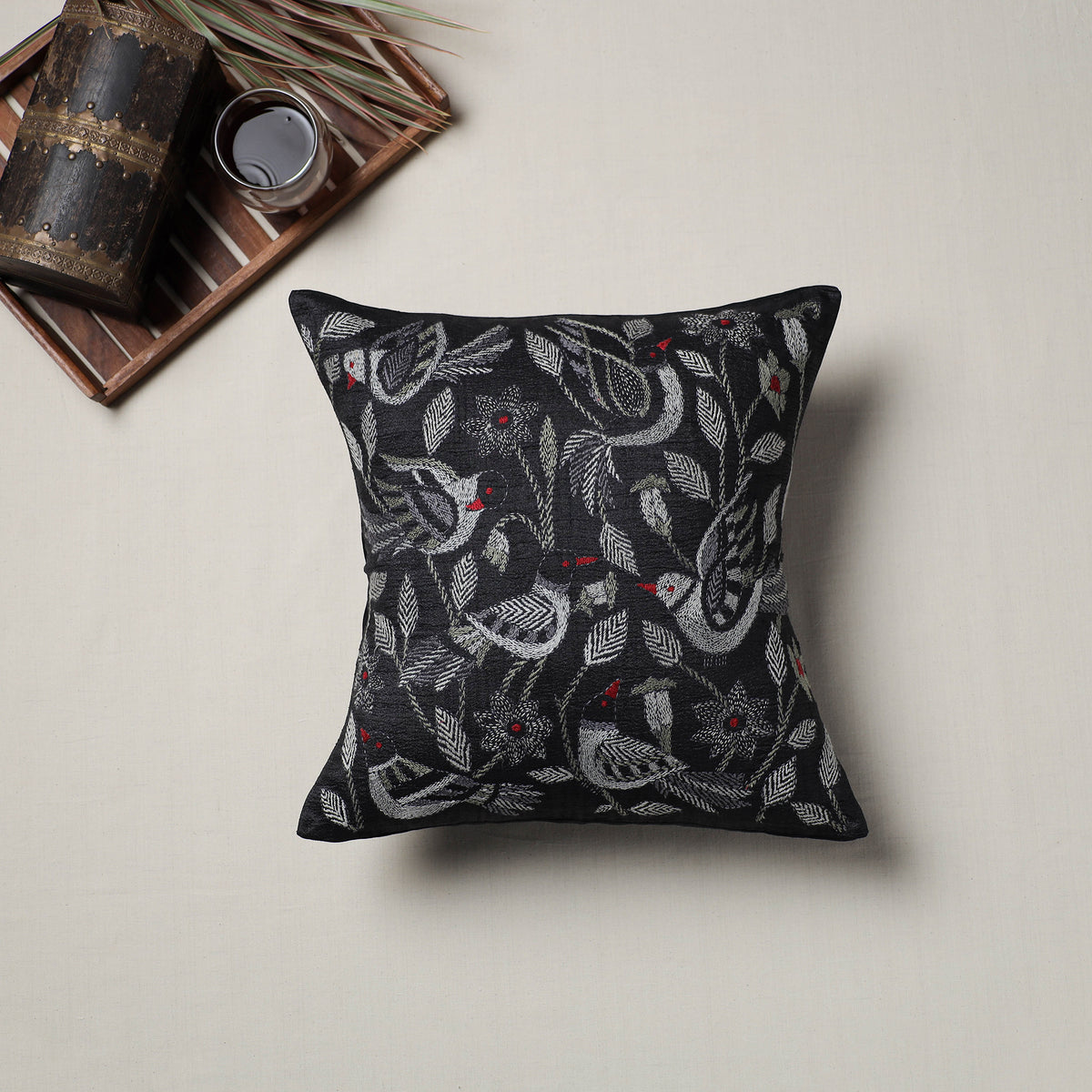 Bengal Kantha Hand Embroidered Cushion Cover (16 x 16 in) 02