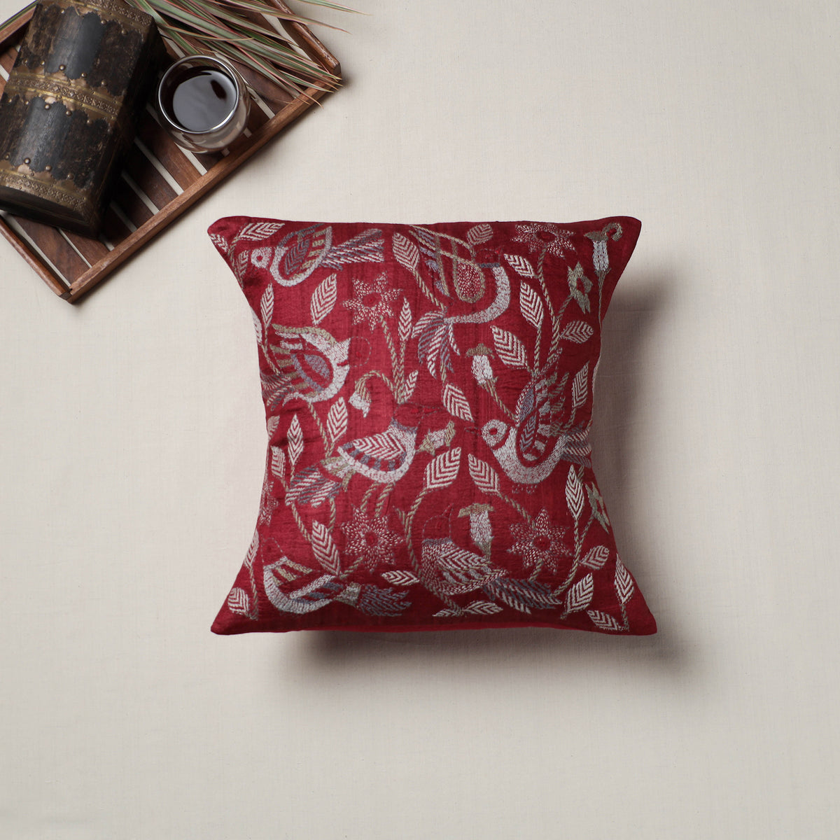 Bengal Kantha Hand Embroidered Cushion Cover (16 x 16 in) 03