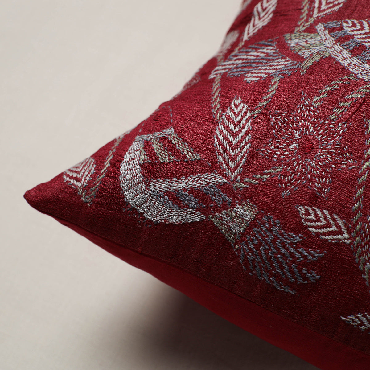 Bengal Kantha Hand Embroidered Cushion Cover (16 x 16 in) 03