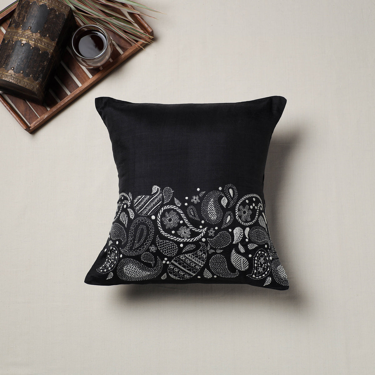 Bengal Kantha Hand Embroidered Cushion Cover (16 x 16 in) 04