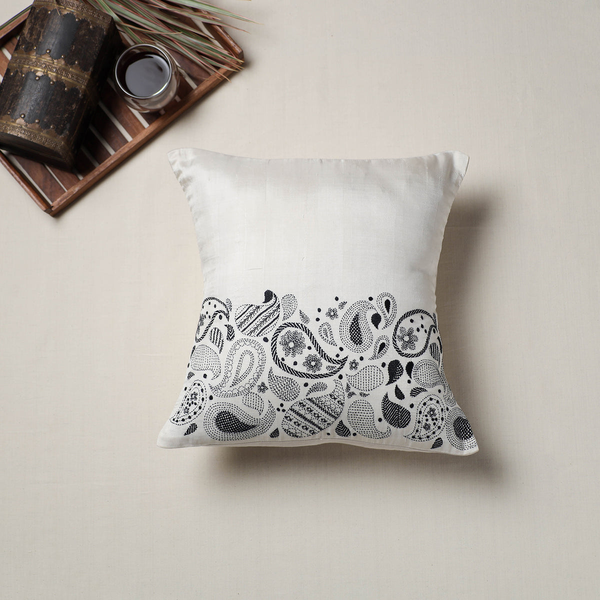 White - Bengal Kantha Hand Embroidered Cushion Cover (16 x 16 in) 05