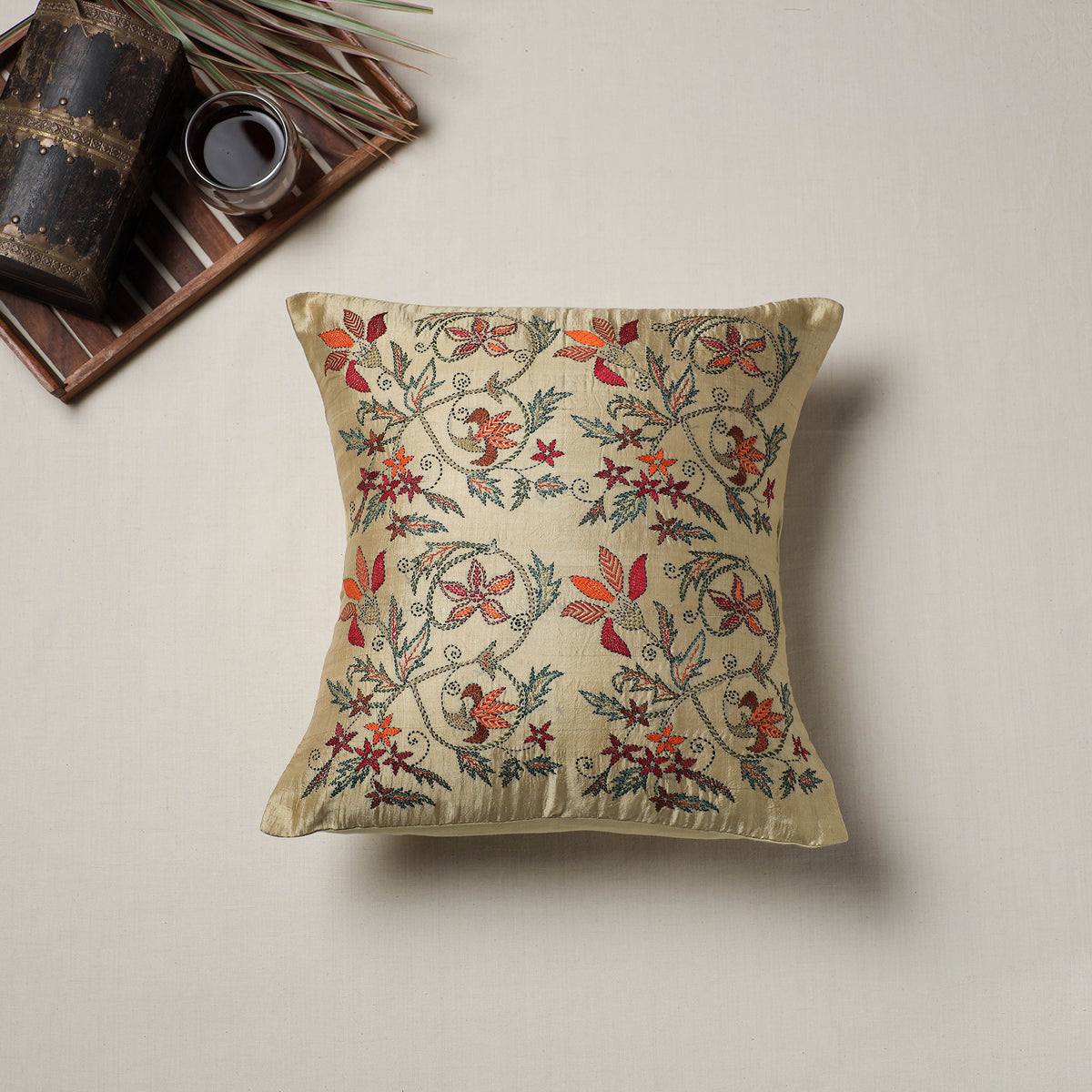Bengal Kantha Hand Embroidered Cushion Cover (16 x 16 in) 07