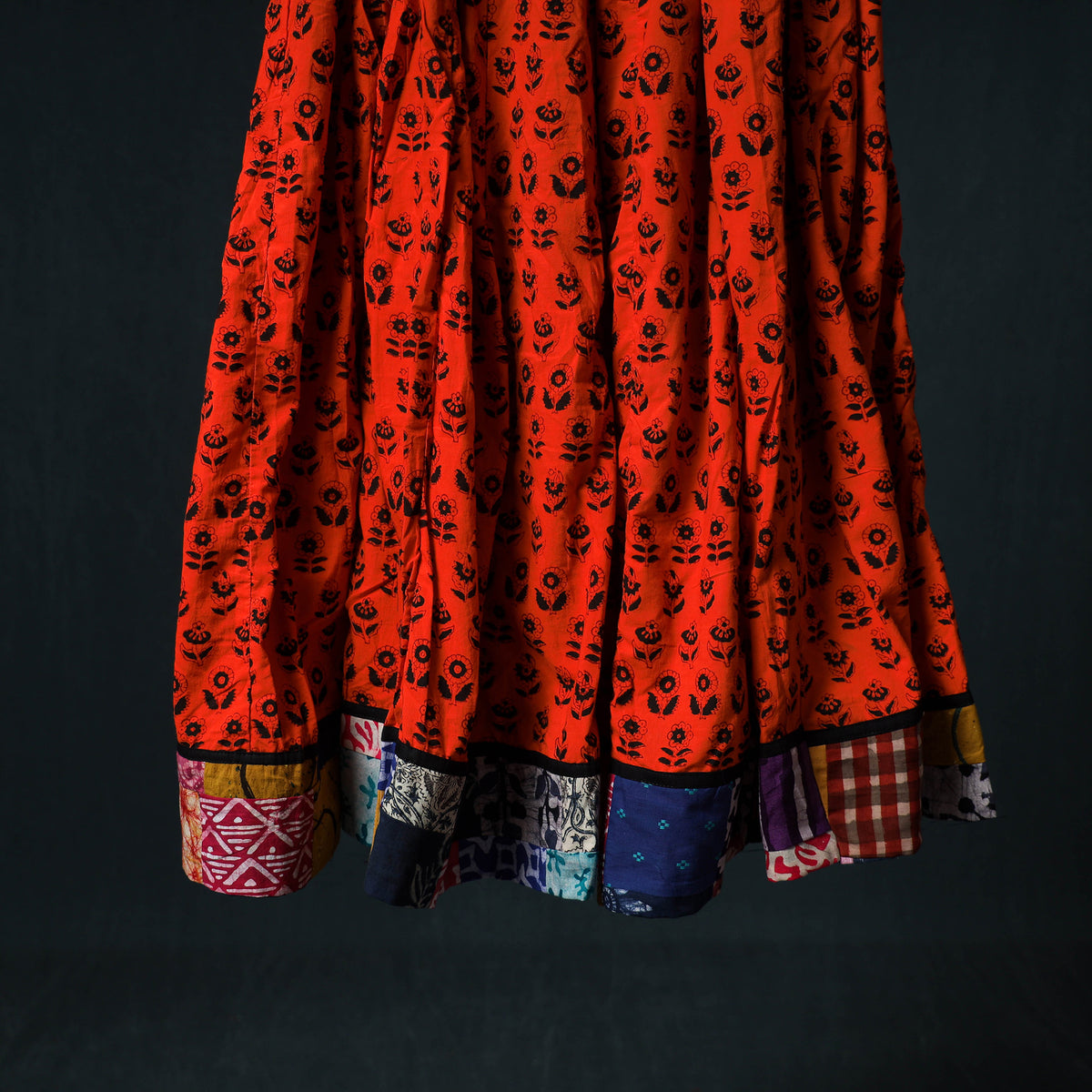 Bagh Hand Block Print 24 Kali Patchwork Cotton Long Skirt with Border 192