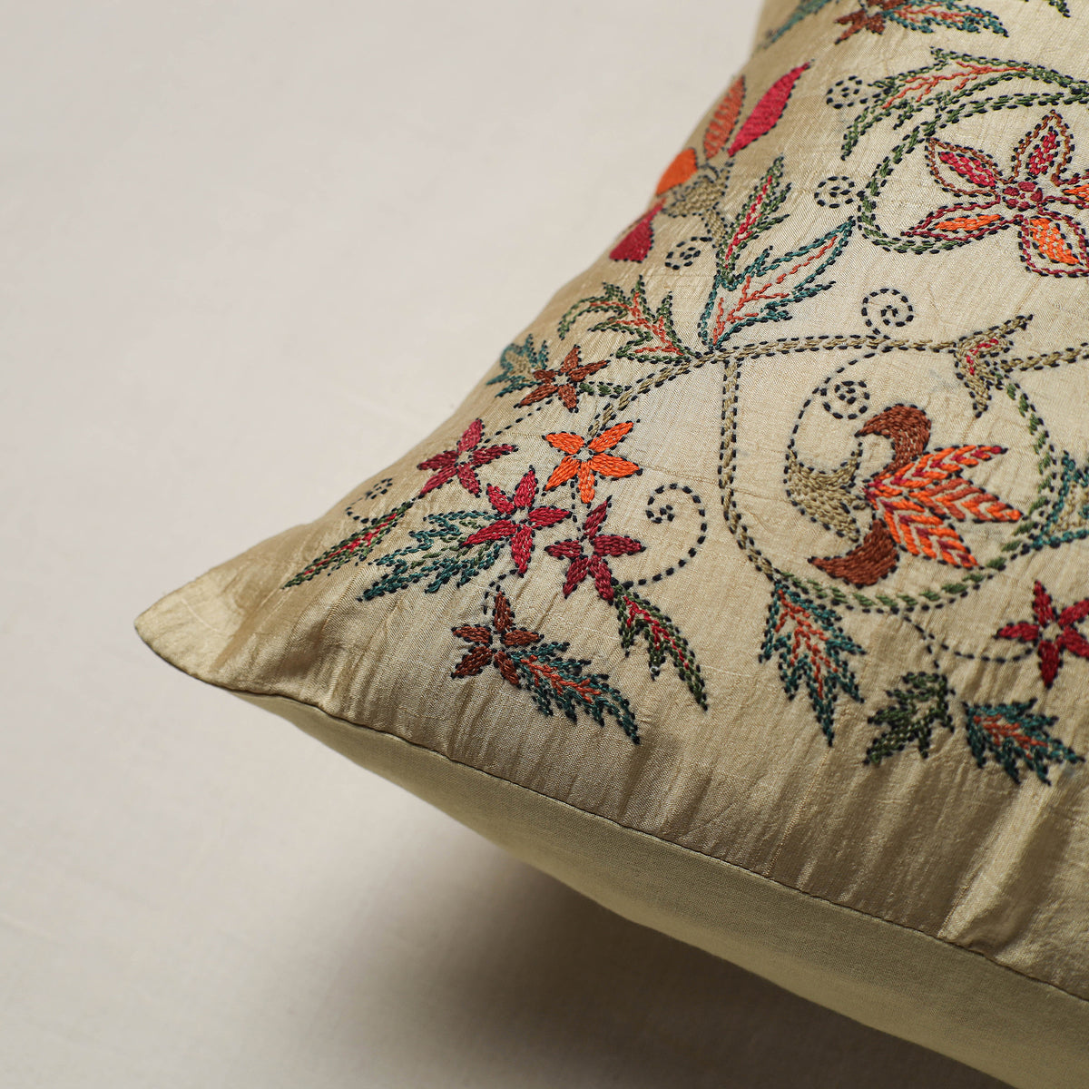 Bengal Kantha Hand Embroidered Cushion Cover (16 x 16 in) 07