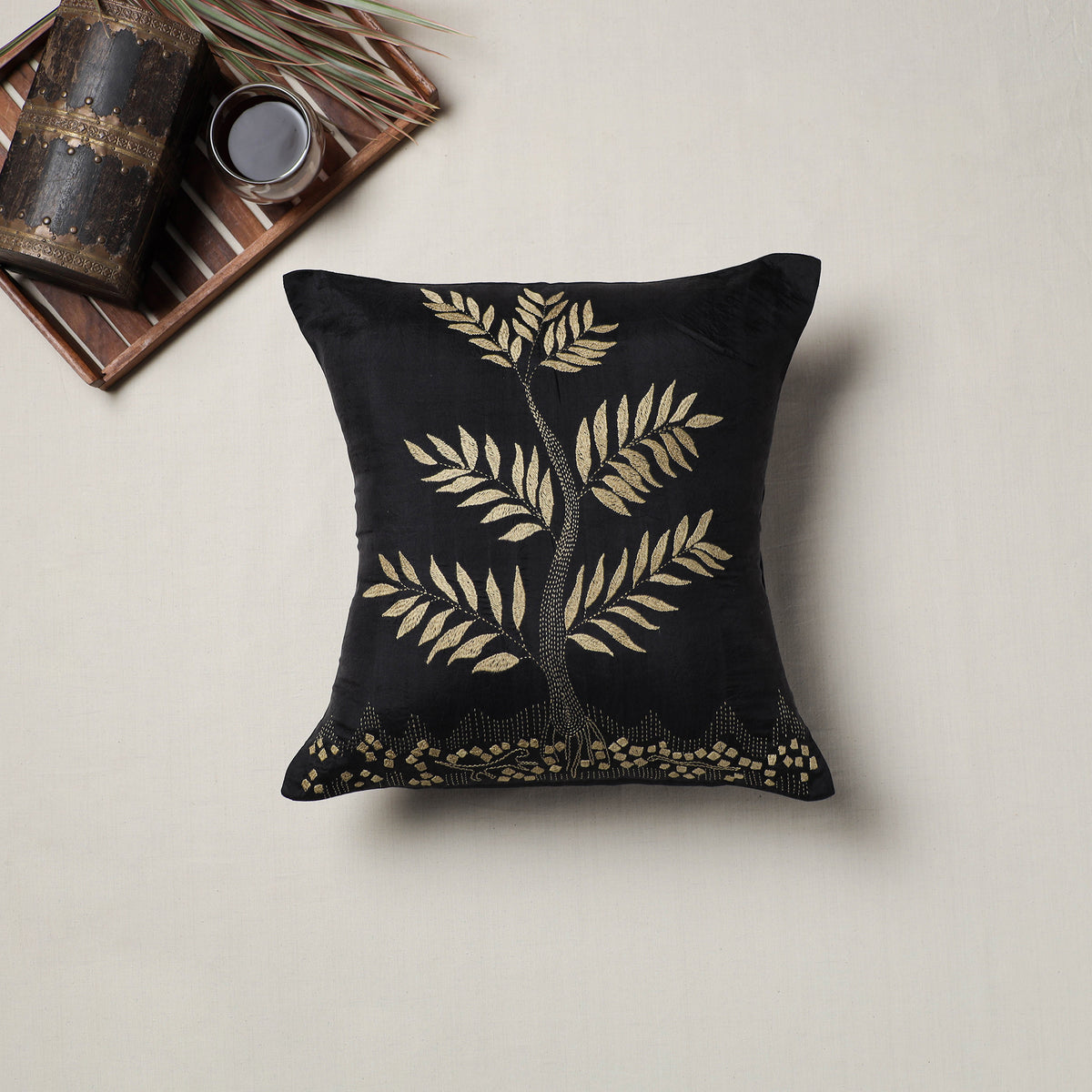 Bengal Kantha Hand Embroidered Cushion Cover (16 x 16 in) 08