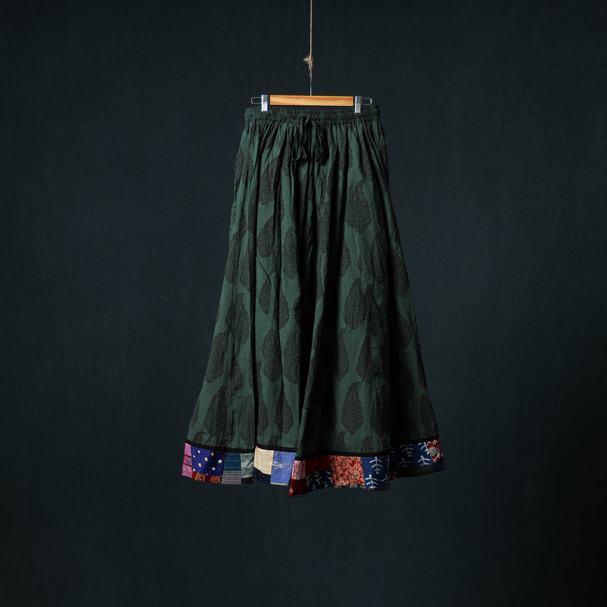 Bagh Hand Block Print 24 Kali Patchwork Cotton Long Skirt with Border 193