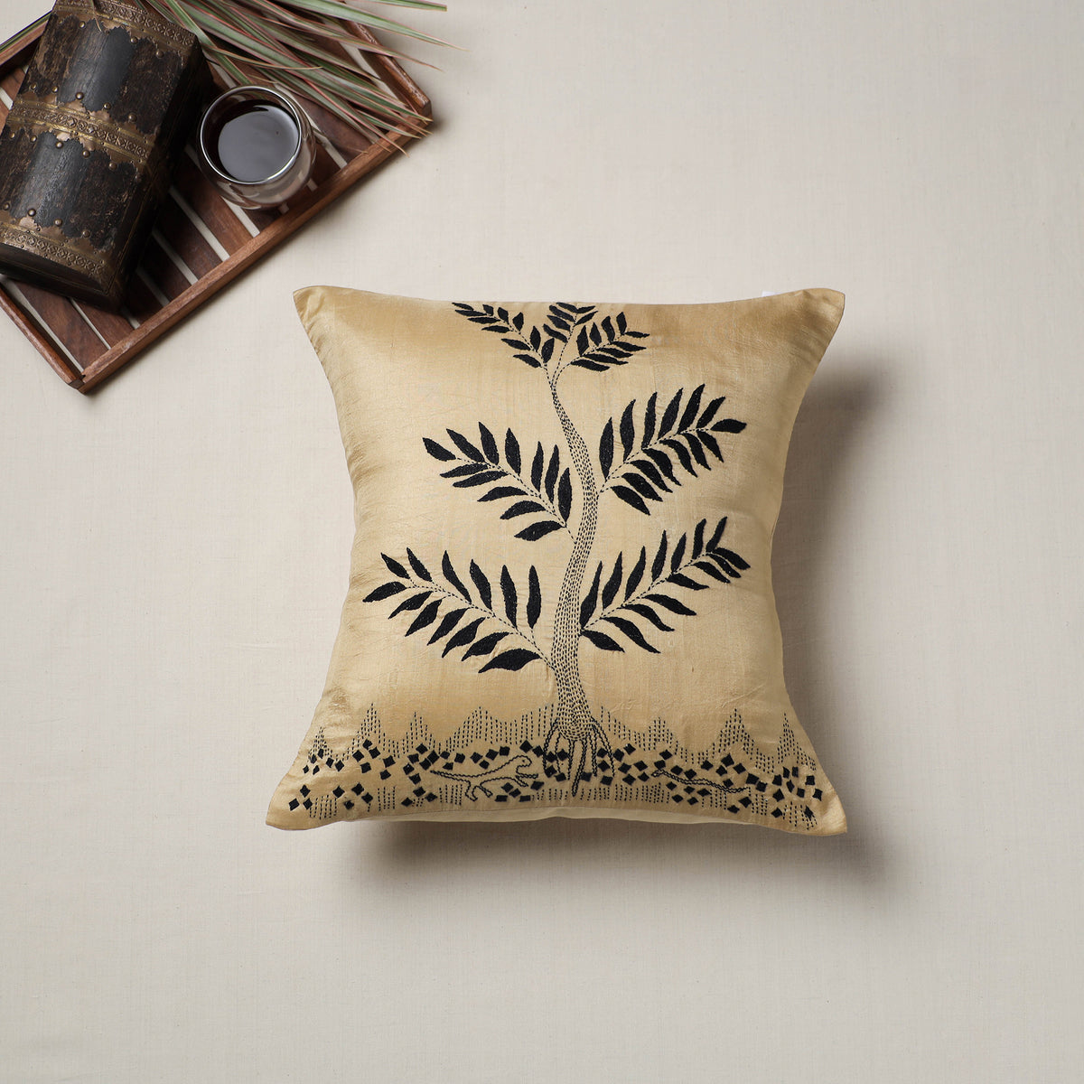 Bengal Kantha Hand Embroidered Cushion Cover (16 x 16 in) 09