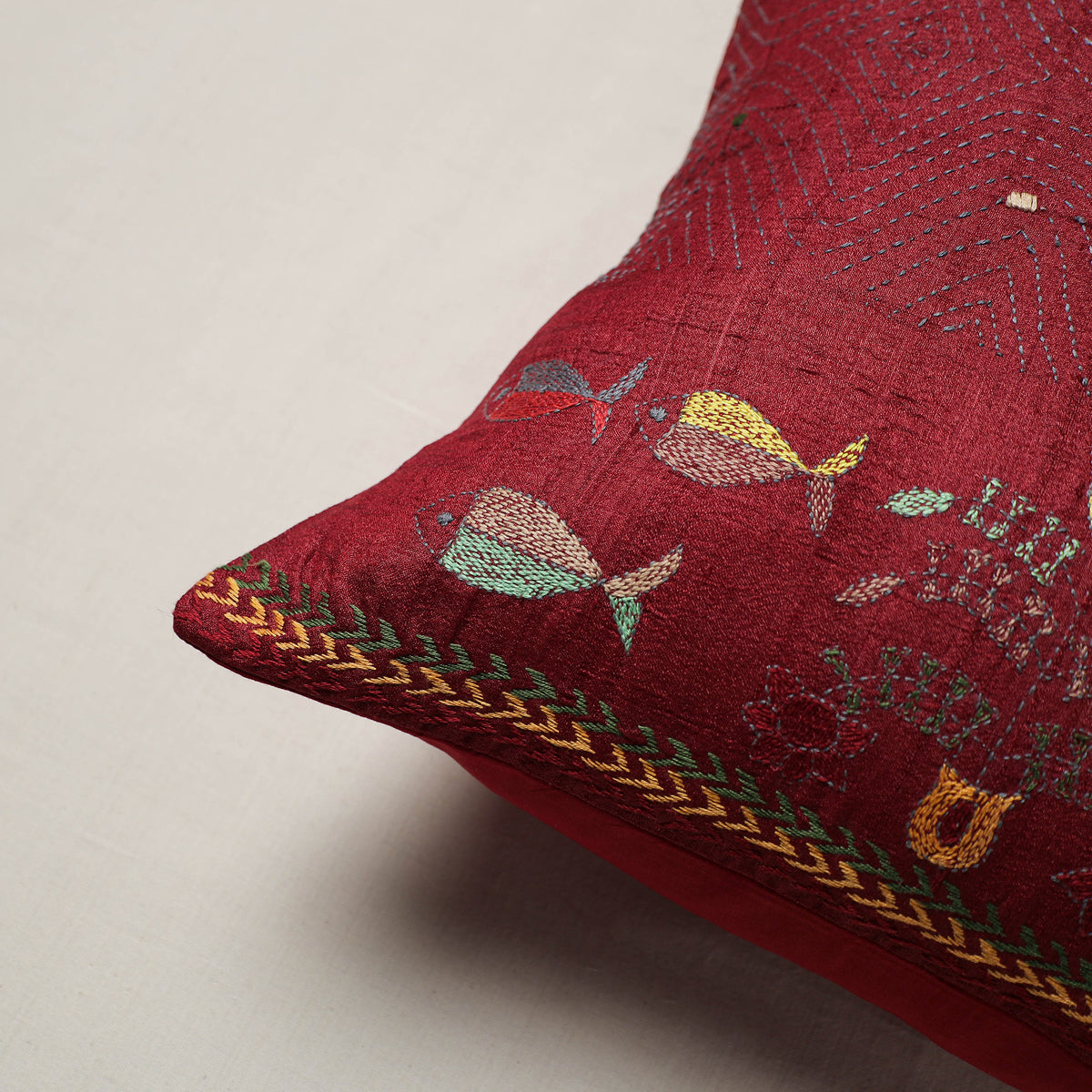 Bengal Kantha Hand Embroidered Cushion Cover (16 x 16 in) 10
