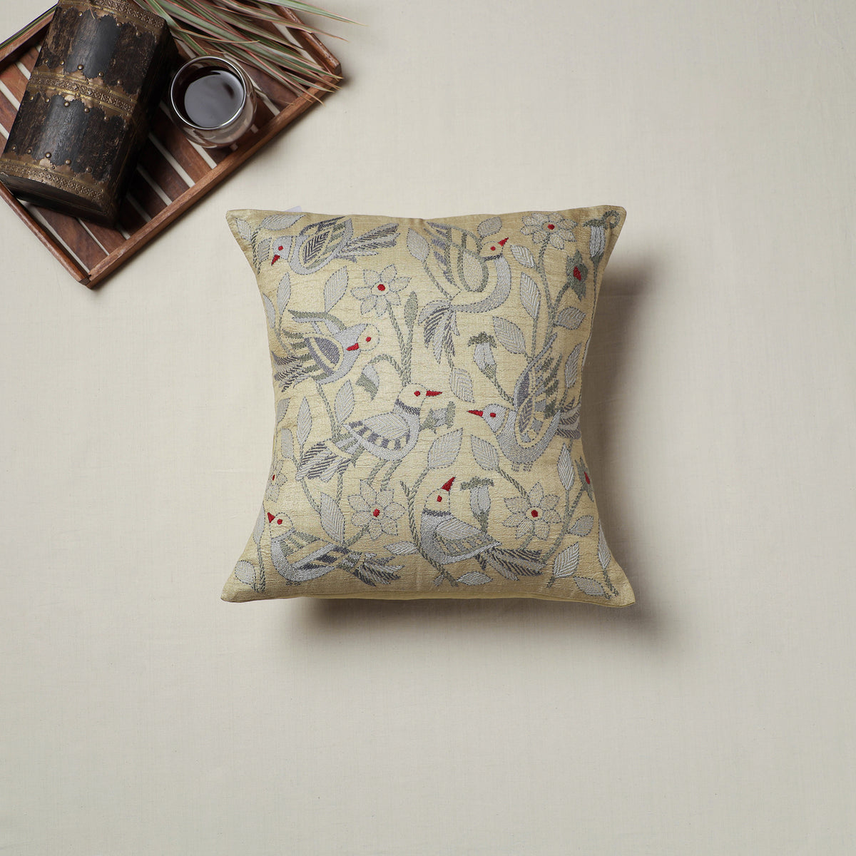 Beige - Bengal Kantha Hand Embroidered Cushion Cover (16 x 16 in) 11