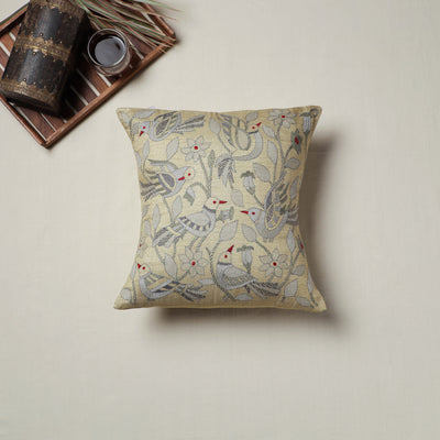 Beige - Bengal Kantha Hand Embroidered Cushion Cover (16 x 16 in) 11