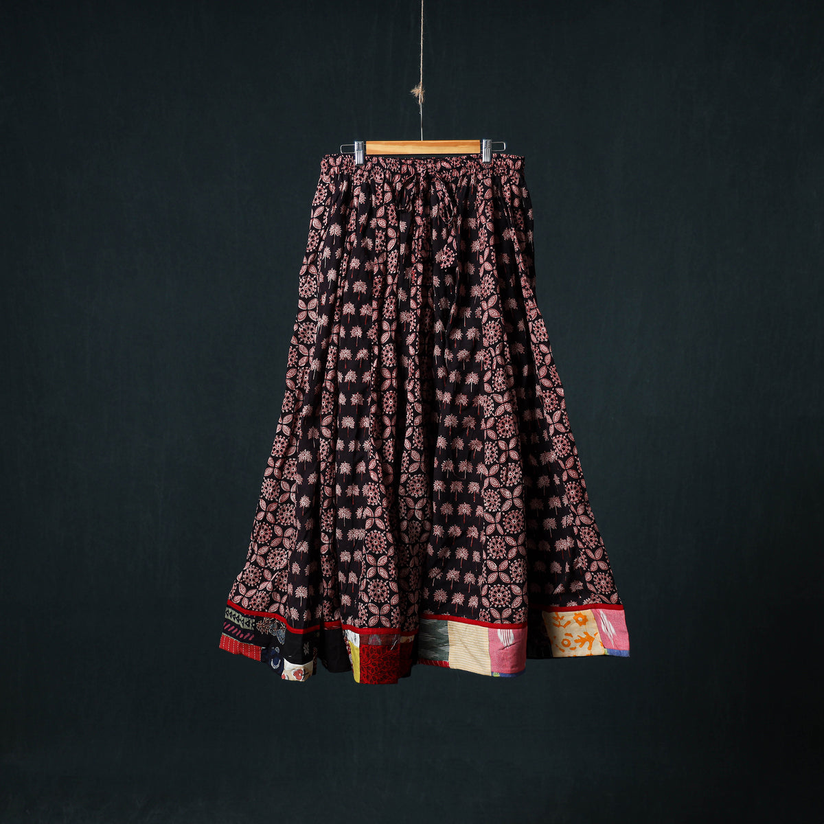 Bagh Hand Block Print 24 Kali Patchwork Cotton Long Skirt with Border 195