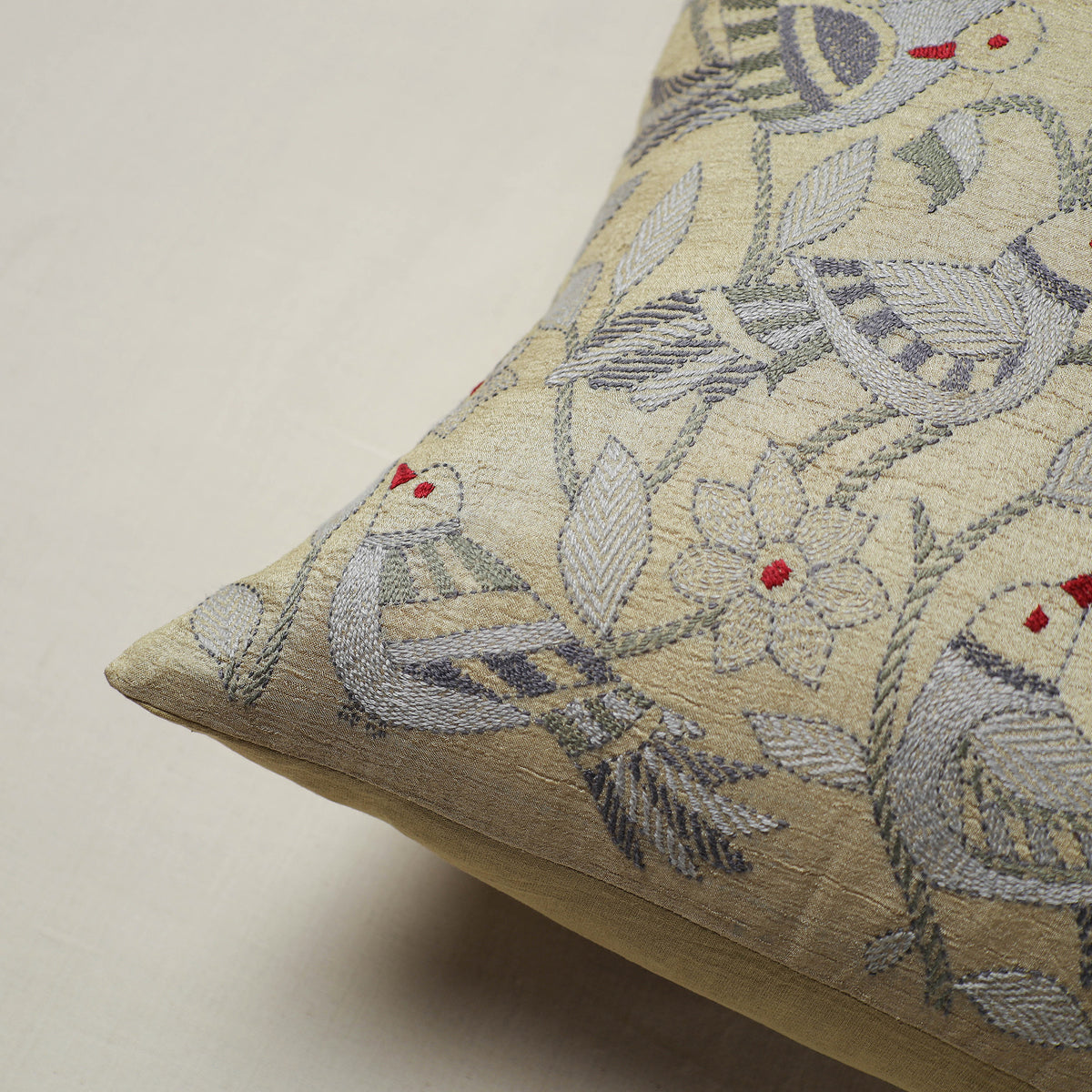 Beige - Bengal Kantha Hand Embroidered Cushion Cover (16 x 16 in) 11