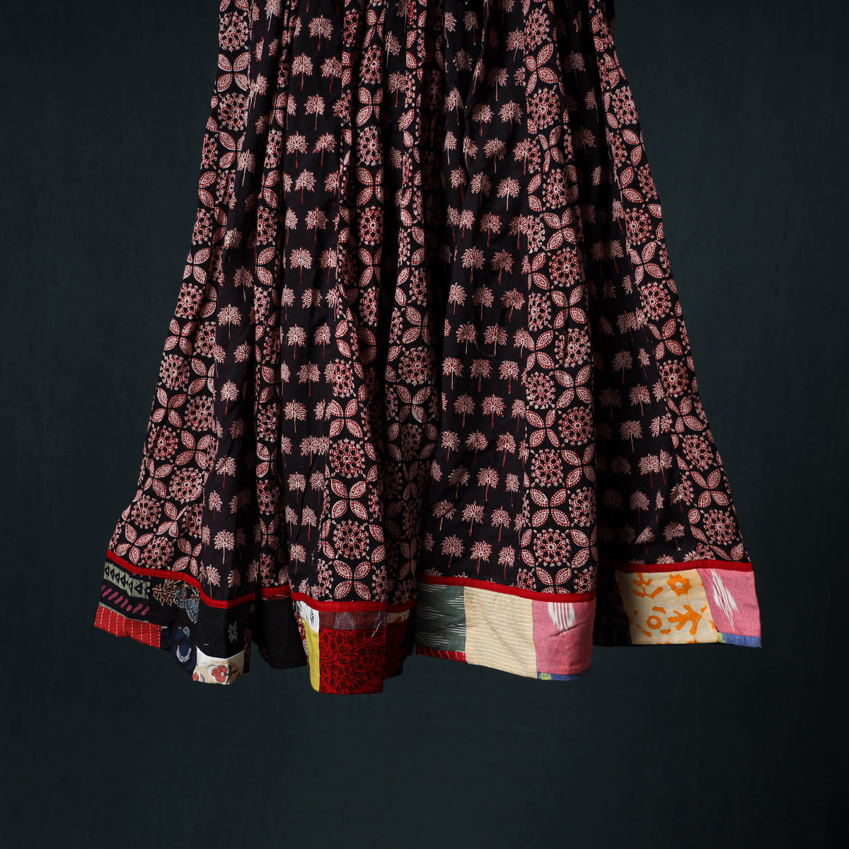 Bagh Hand Block Print 24 Kali Patchwork Cotton Long Skirt with Border 195