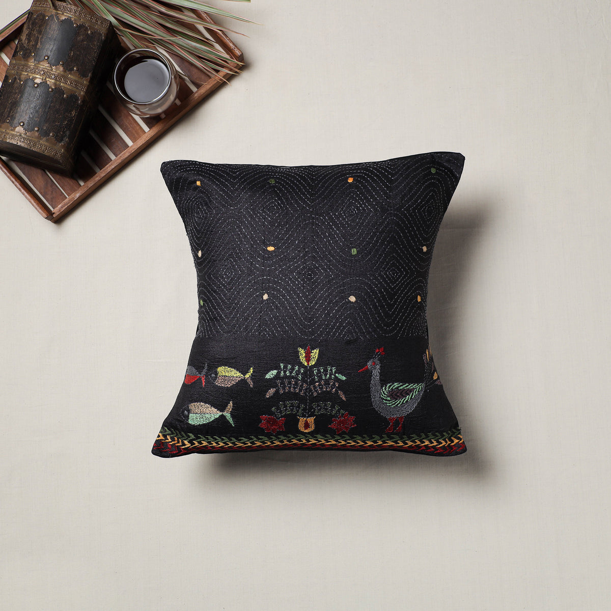 Black - Bengal Kantha Hand Embroidered Cushion Cover (16 x 16 in) 12
