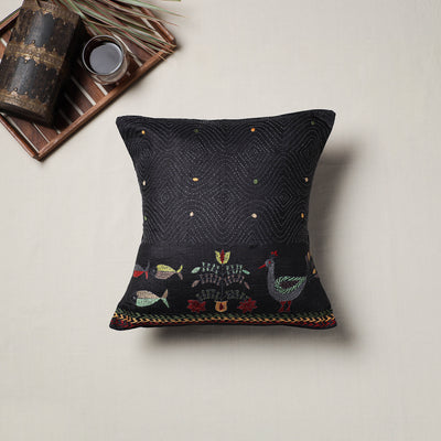 Black - Bengal Kantha Hand Embroidered Cushion Cover (16 x 16 in) 12