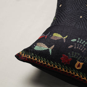 Black - Bengal Kantha Hand Embroidered Cushion Cover (16 x 16 in) 12