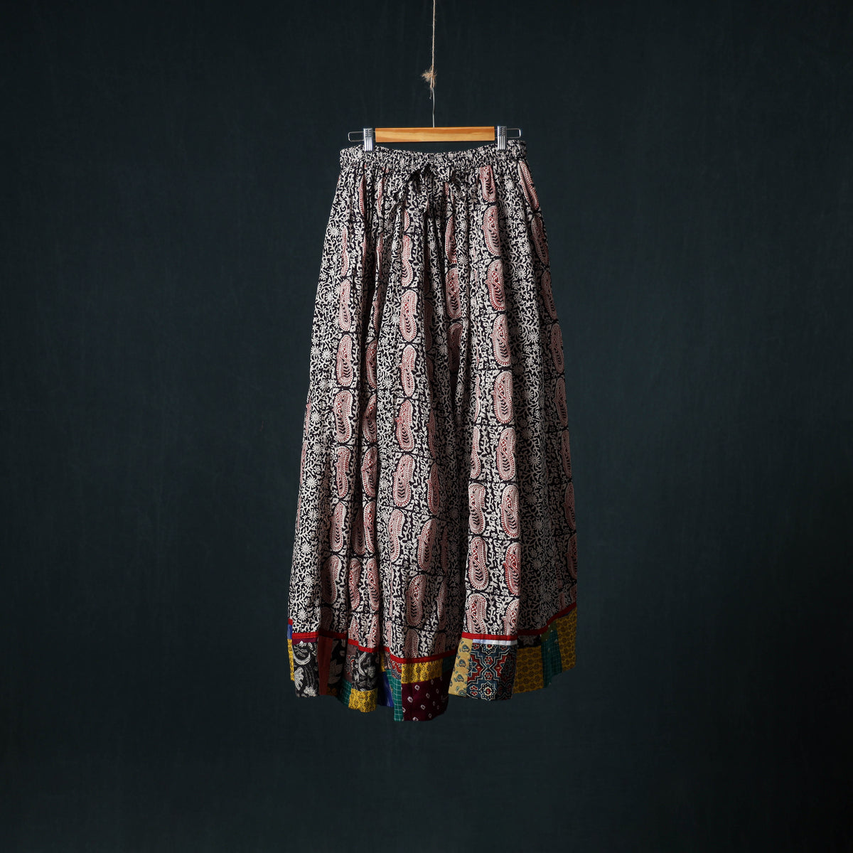 Bagh Hand Block Print 24 Kali Patchwork Cotton Long Skirt with Border 196
