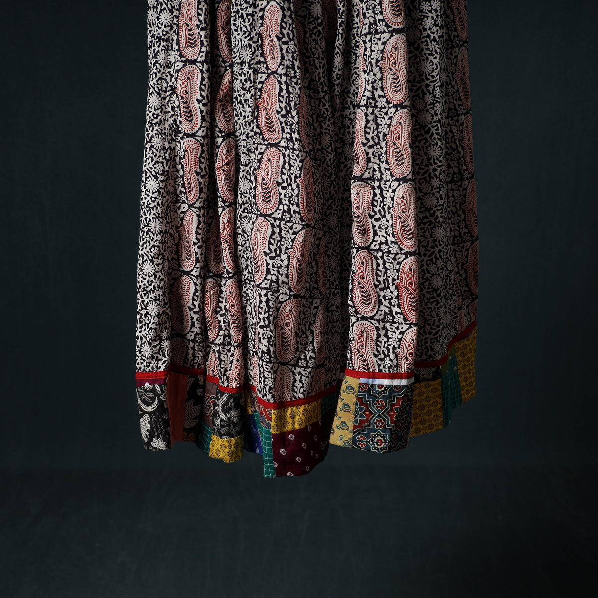Bagh Hand Block Print 24 Kali Patchwork Cotton Long Skirt with Border 196