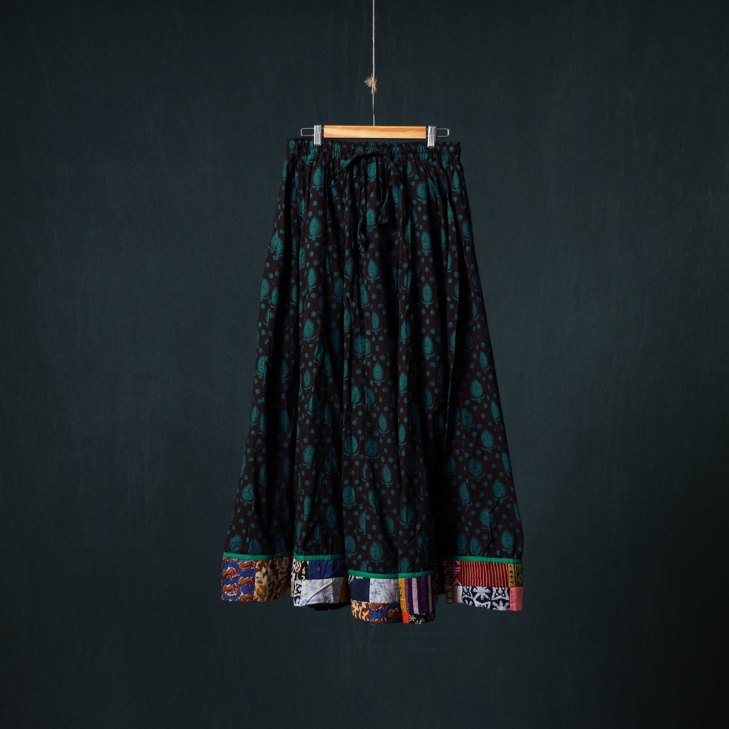 Bagh Hand Block Print 24 Kali Patchwork Cotton Long Skirt with Border 197