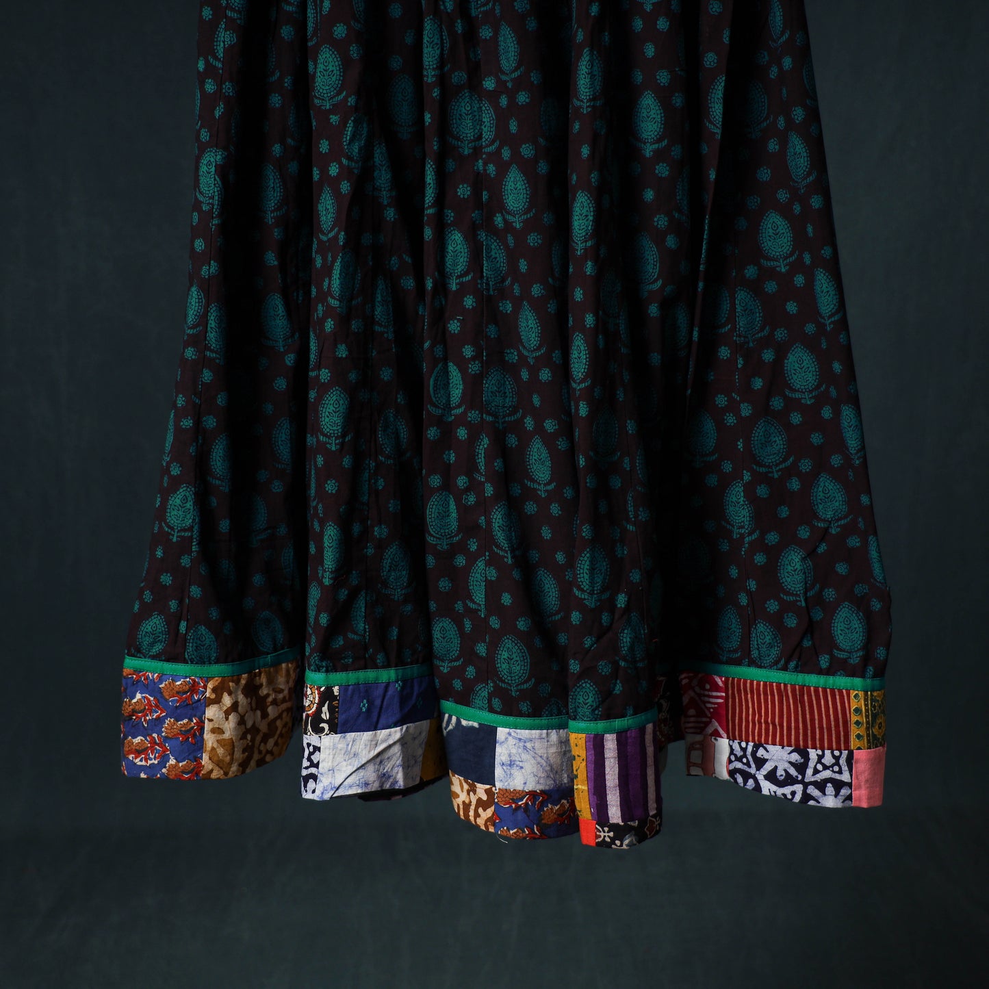 Bagh Hand Block Print 24 Kali Patchwork Cotton Long Skirt with Border 197
