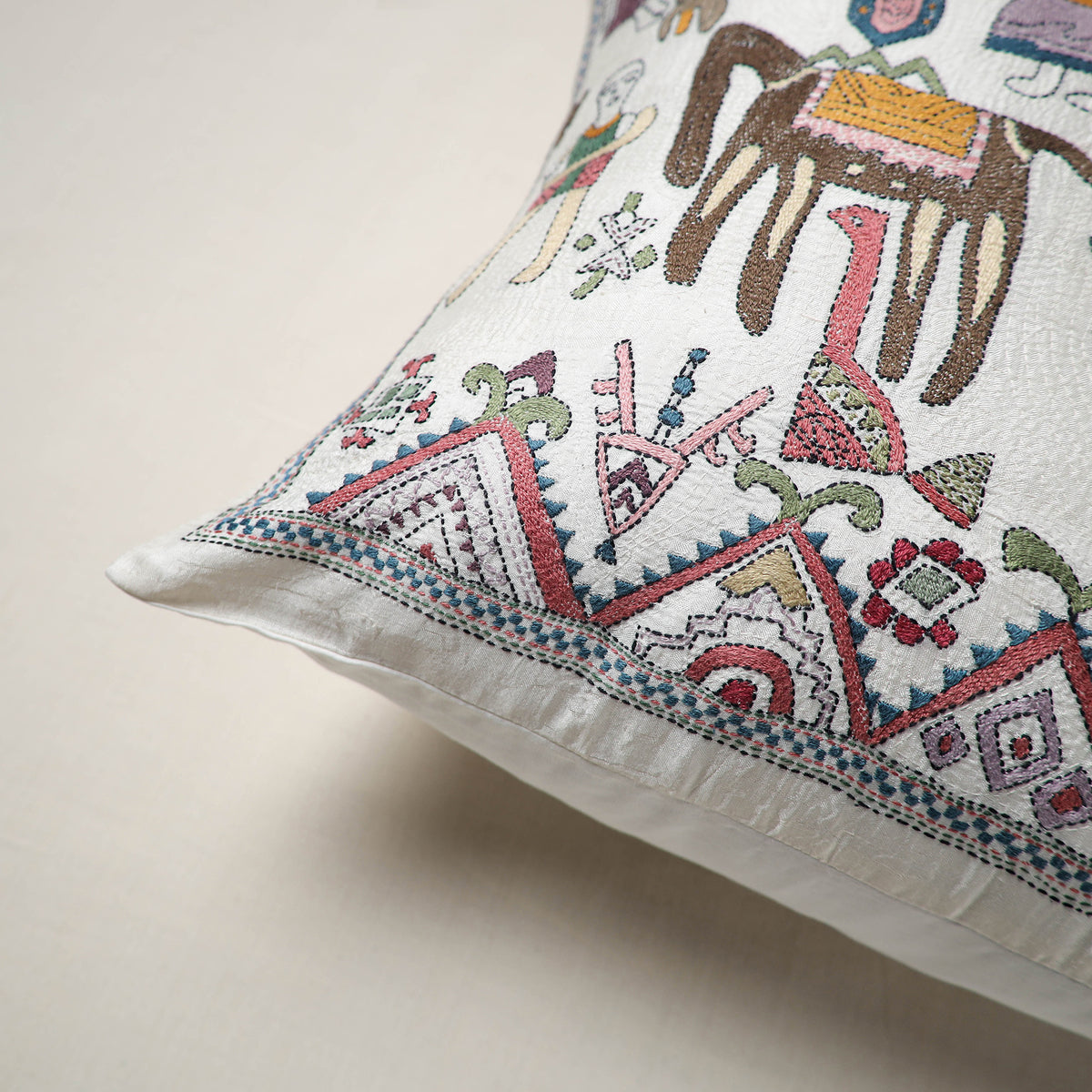 White - Bengal Kantha Hand Embroidered Cushion Cover (16 x 16 in) 14