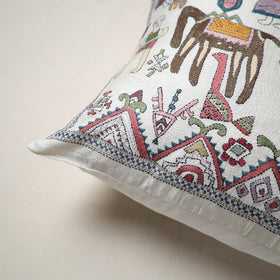 White - Bengal Kantha Hand Embroidered Cushion Cover (16 x 16 in) 14