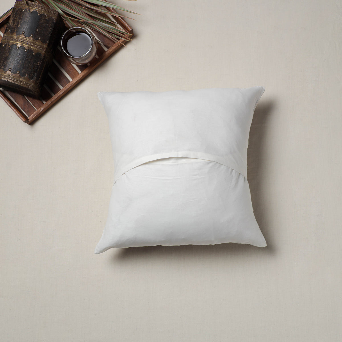 White - Bengal Kantha Hand Embroidered Cushion Cover (16 x 16 in) 14
