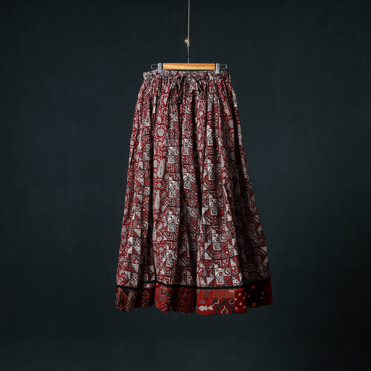Bagh Hand Block Print 24 Kali Patchwork Cotton Long Skirt with Border 198