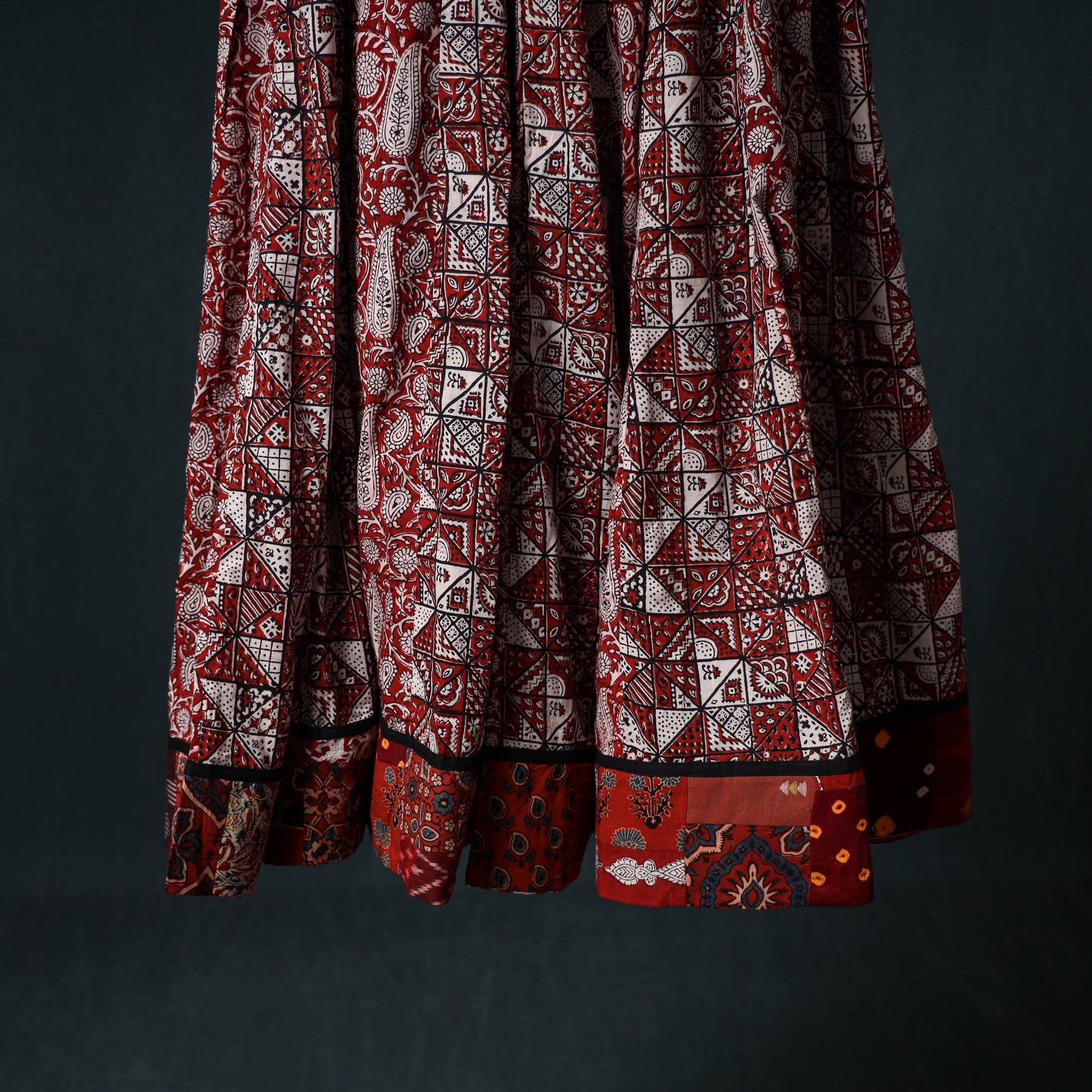 Bagh Hand Block Print 24 Kali Patchwork Cotton Long Skirt with Border 198