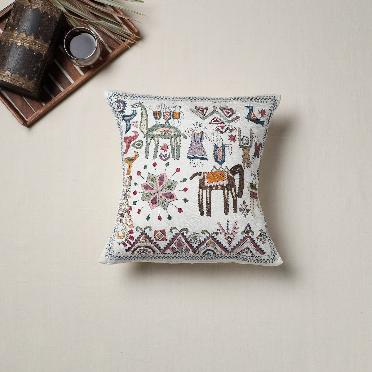 Bengal Kantha Hand Embroidered Cushion Cover (16 x 16 in) 15
