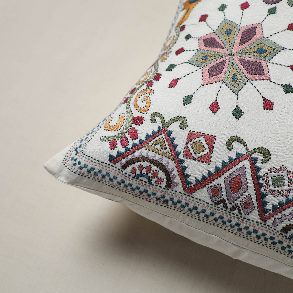 Bengal Kantha Hand Embroidered Cushion Cover (16 x 16 in) 15