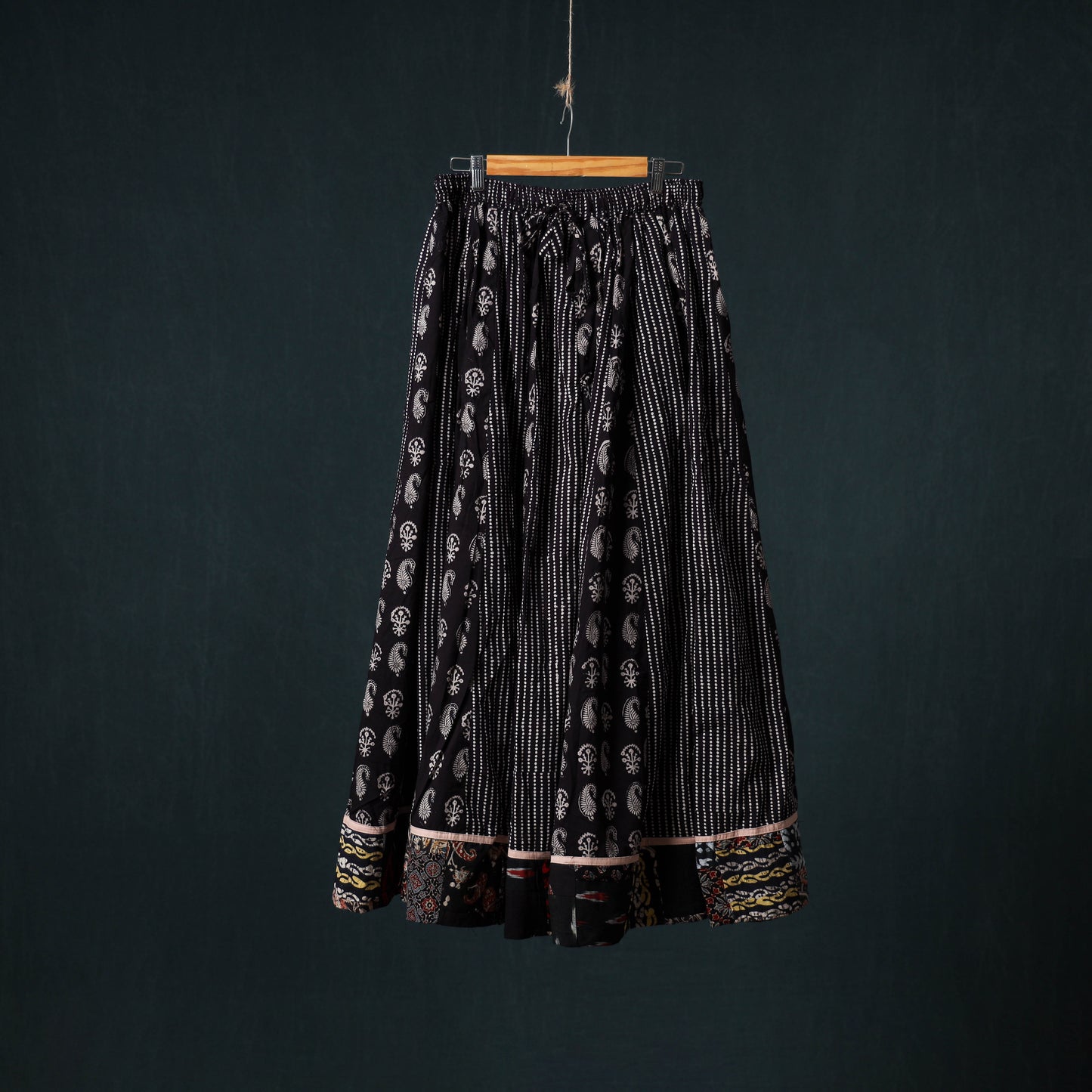 Bagh Hand Block Print 24 Kali Patchwork Cotton Long Skirt with Border 200