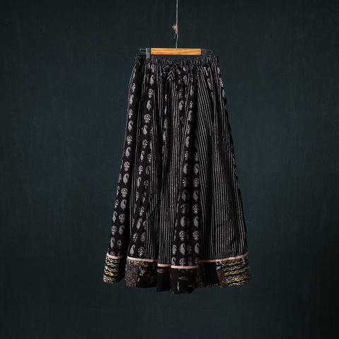 Bagh Hand Block Print 24 Kali Patchwork Cotton Long Skirt with Border 200
