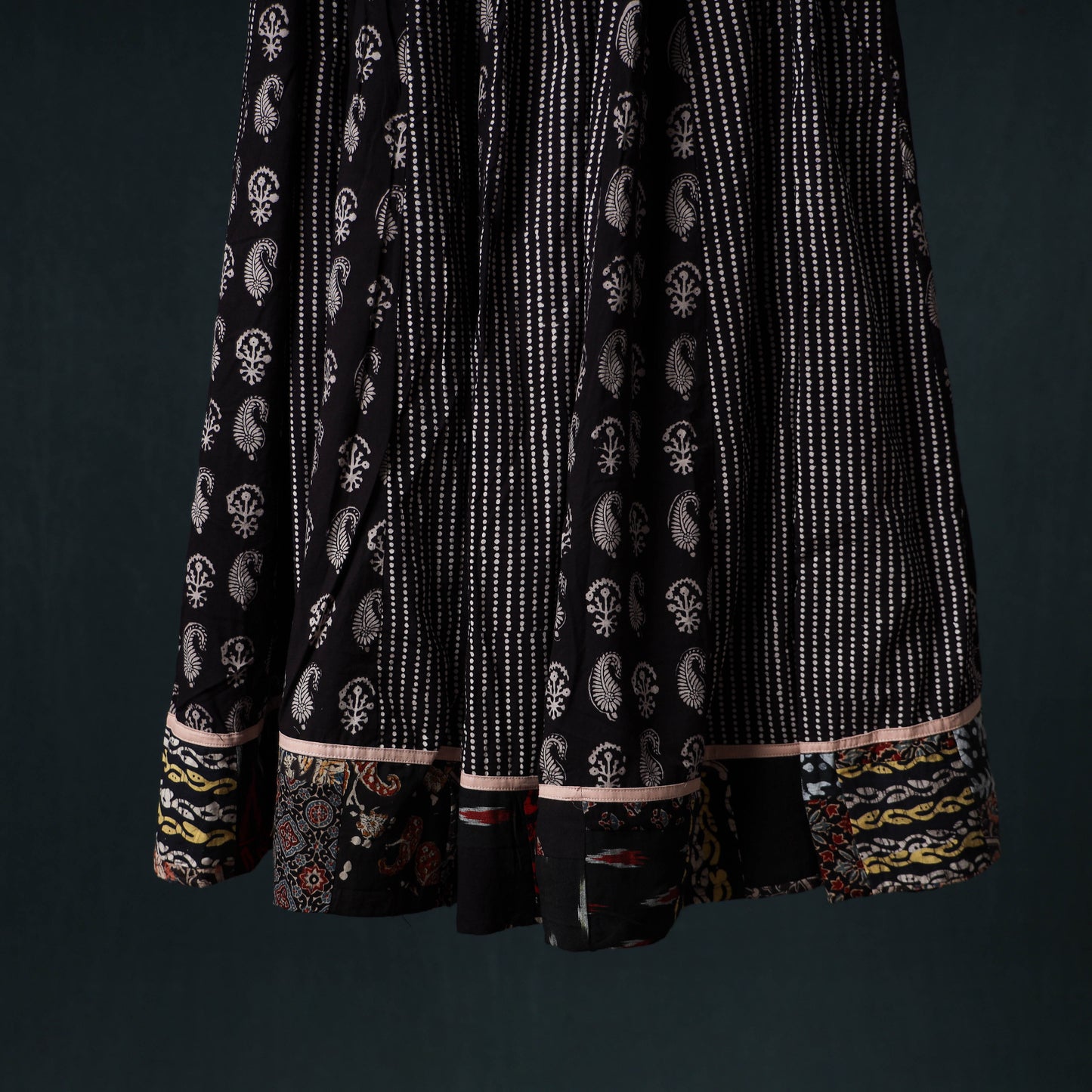 Bagh Hand Block Print 24 Kali Patchwork Cotton Long Skirt with Border 200