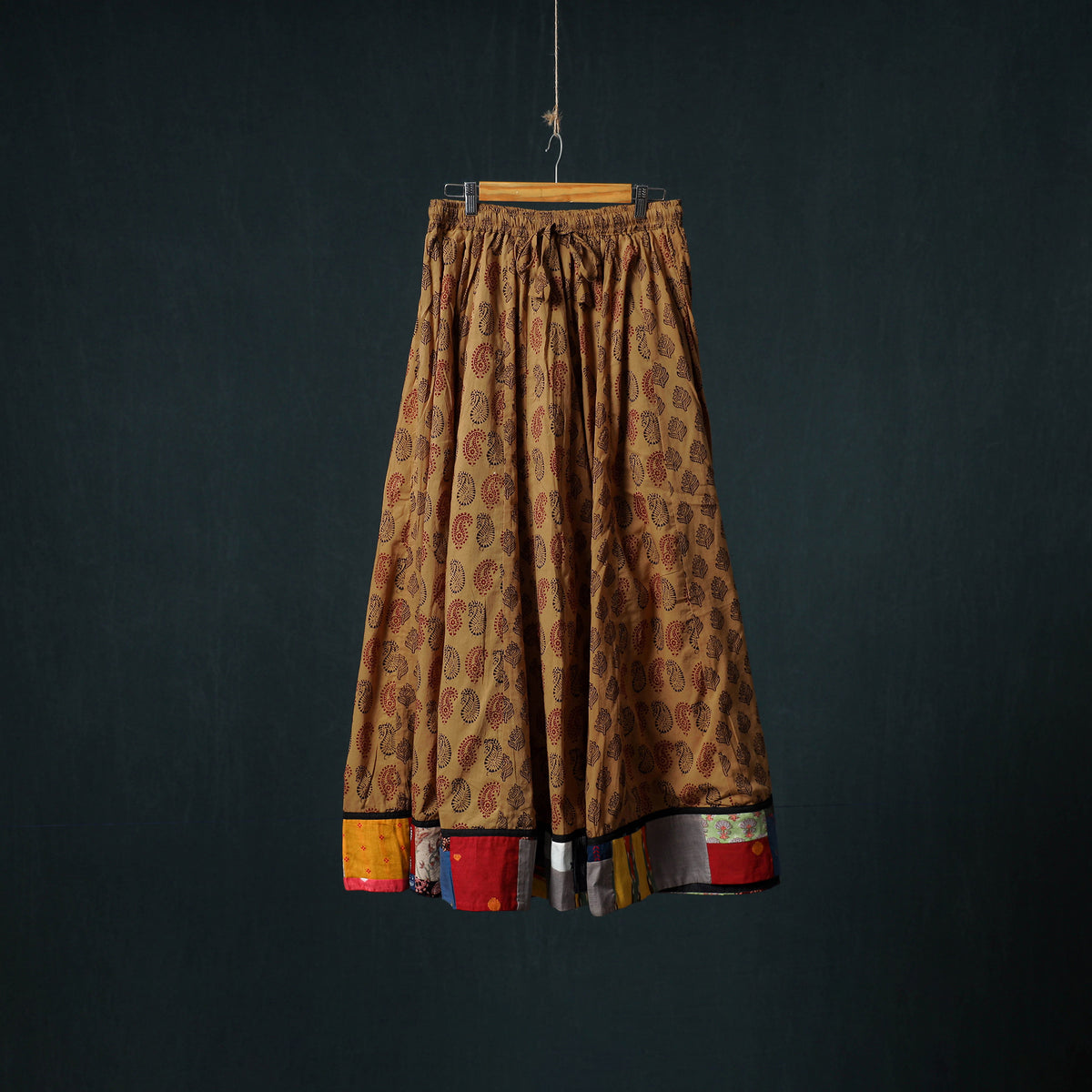 Bagh Hand Block Print 24 Kali Patchwork Cotton Long Skirt with Border 202