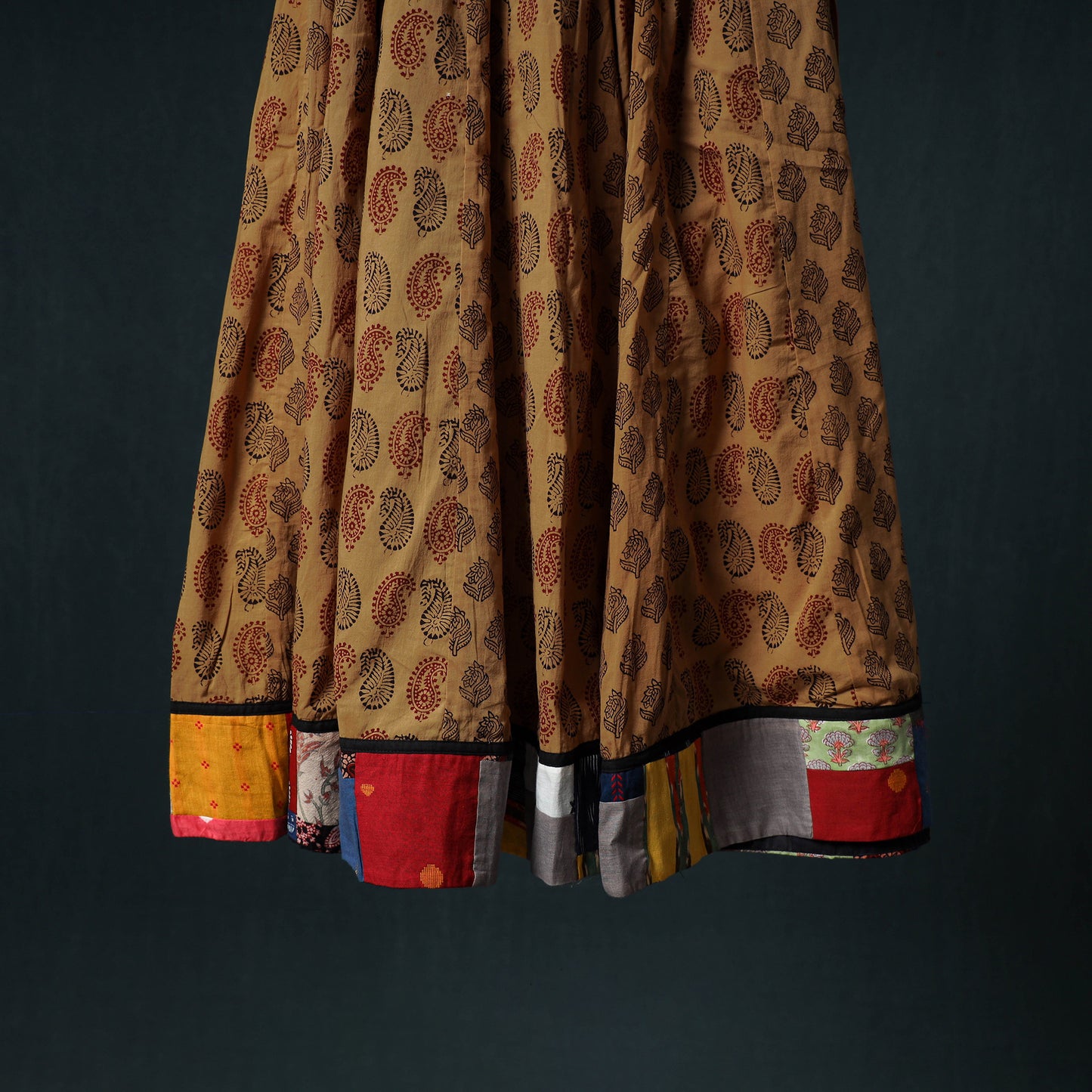 Bagh Hand Block Print 24 Kali Patchwork Cotton Long Skirt with Border 202