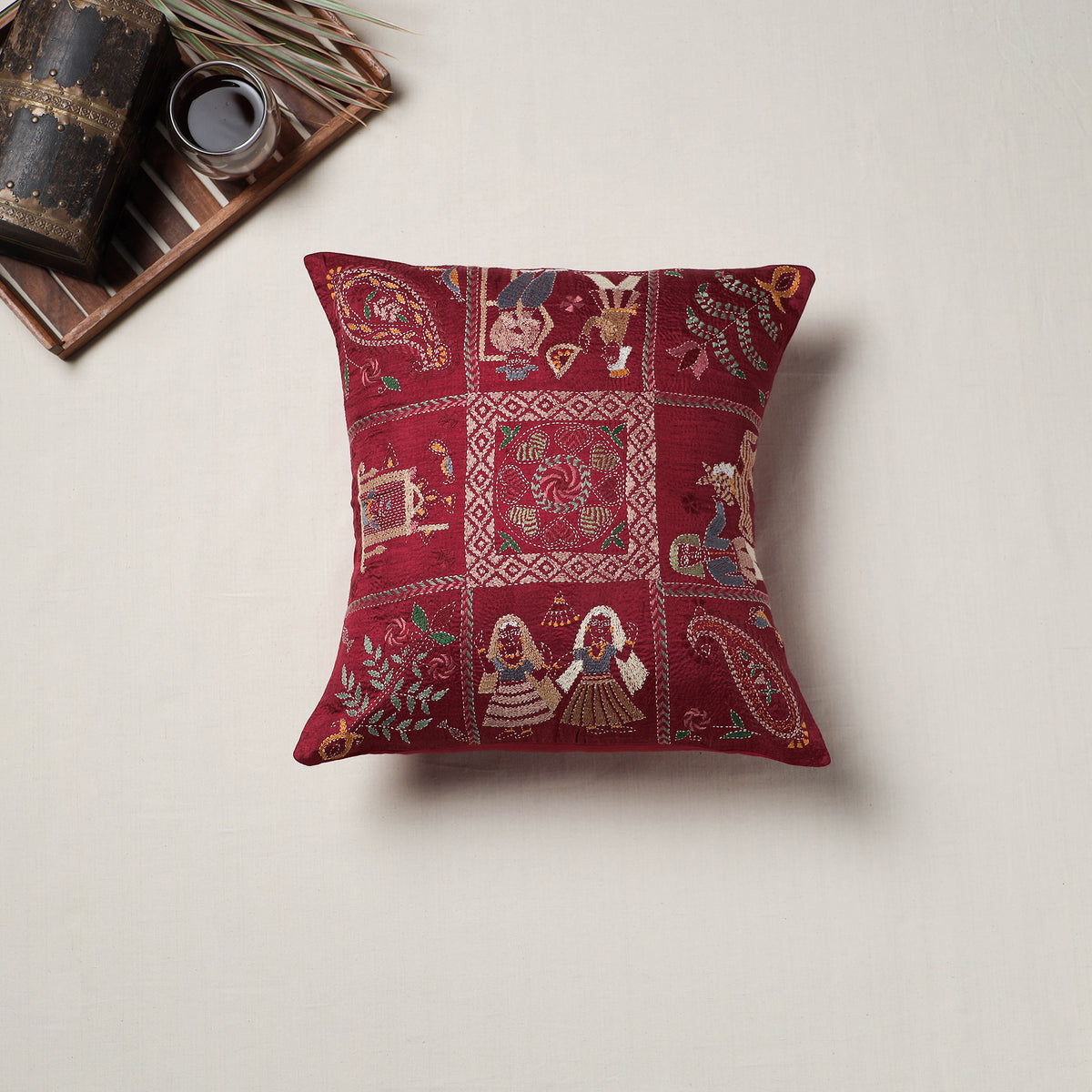 Bengal Kantha Hand Embroidered Cushion Cover (16 x 16 in) 18