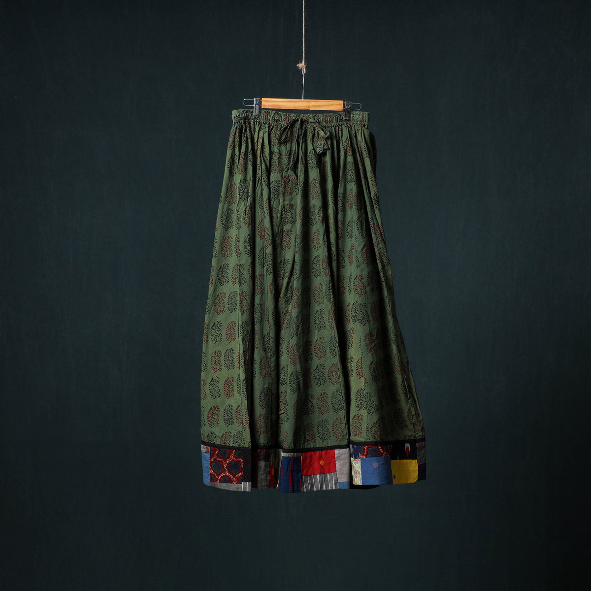 Bagh Hand Block Print 24 Kali Patchwork Cotton Long Skirt with Border 203