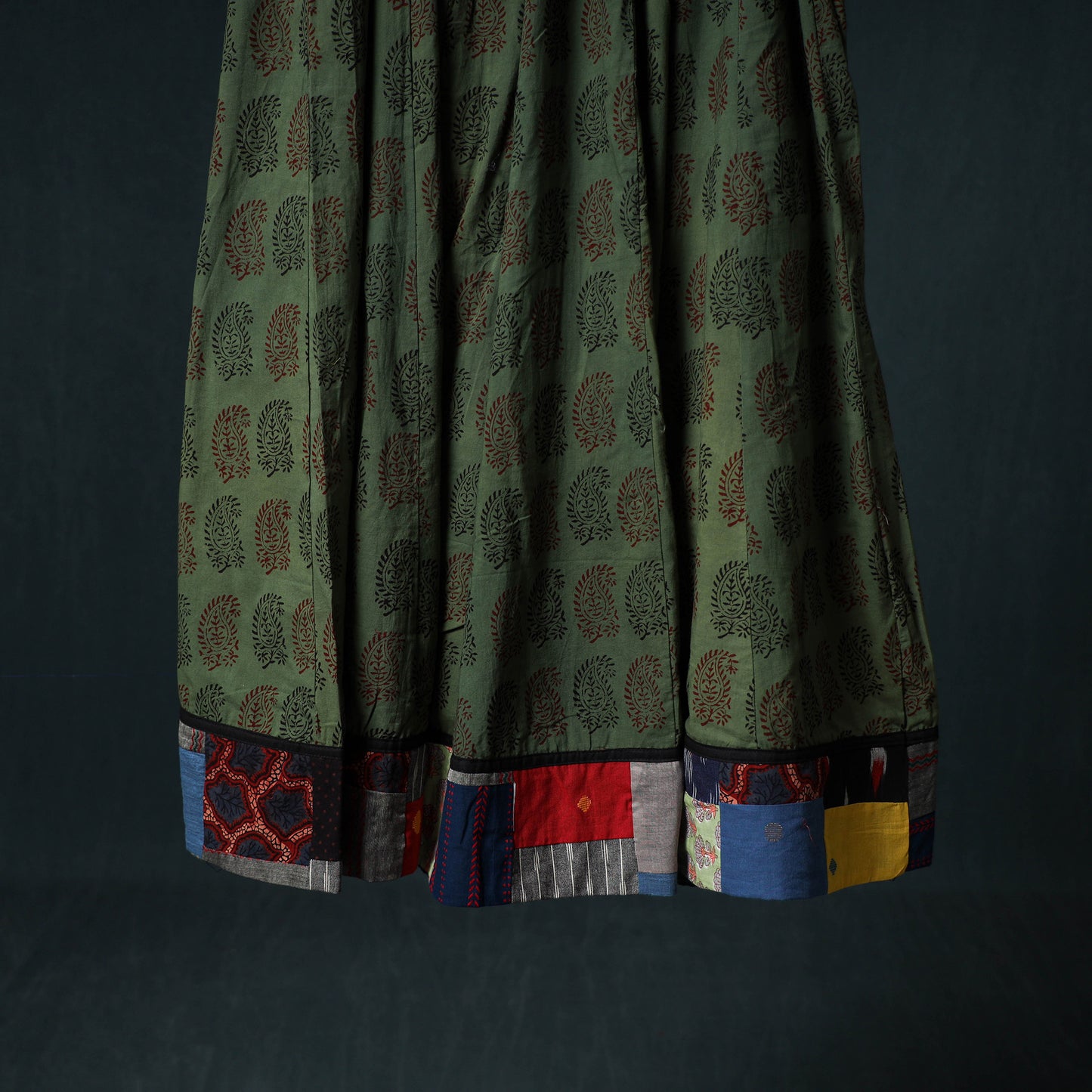 Bagh Hand Block Print 24 Kali Patchwork Cotton Long Skirt with Border 203