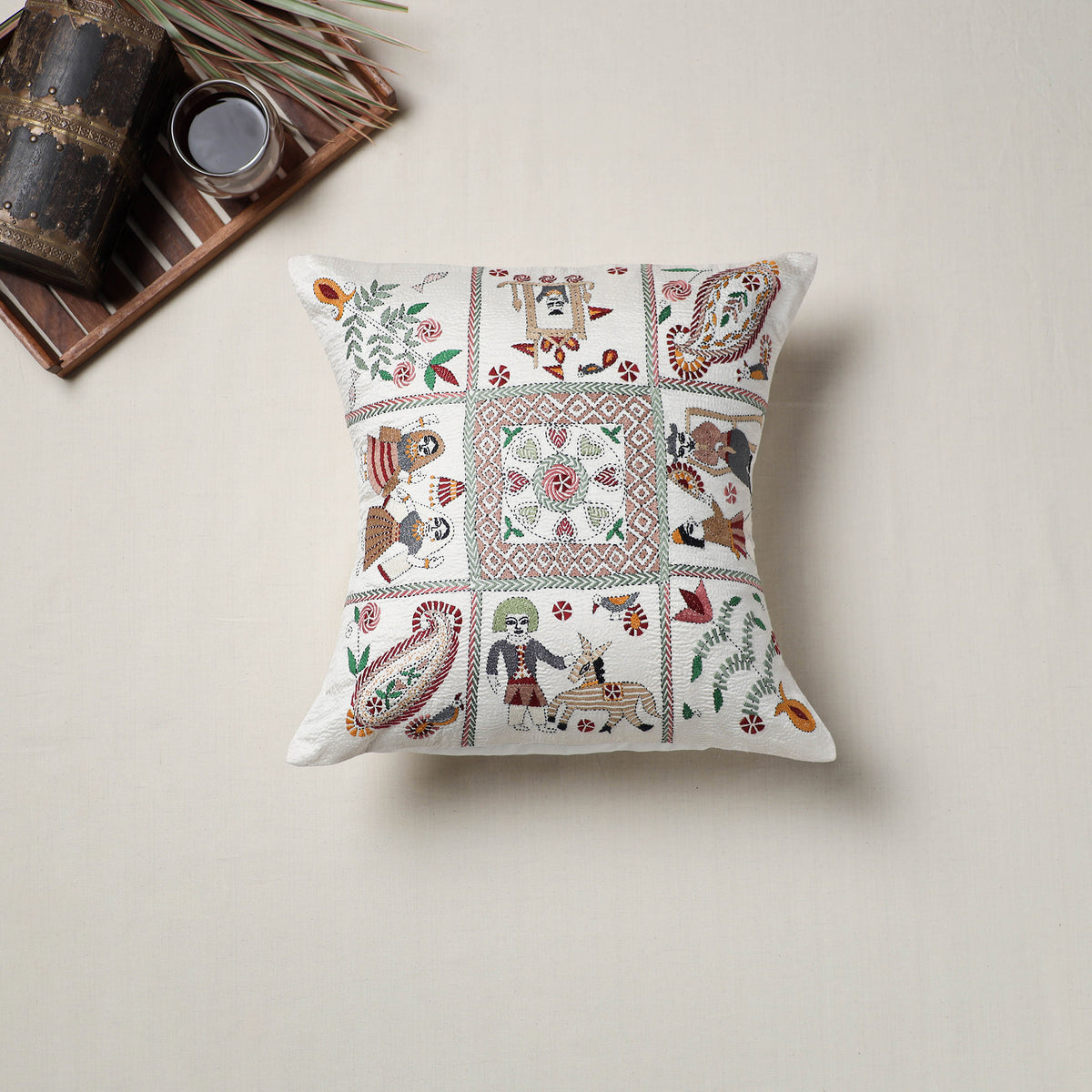 Bengal Kantha Hand Embroidered Cushion Cover (16 x 16 in) 21