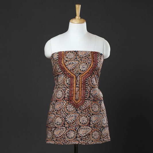 Black - Kalamkari Block Printed Thread & Bead Work Embroidered Cotton Kurta Material - 2.55 Meter