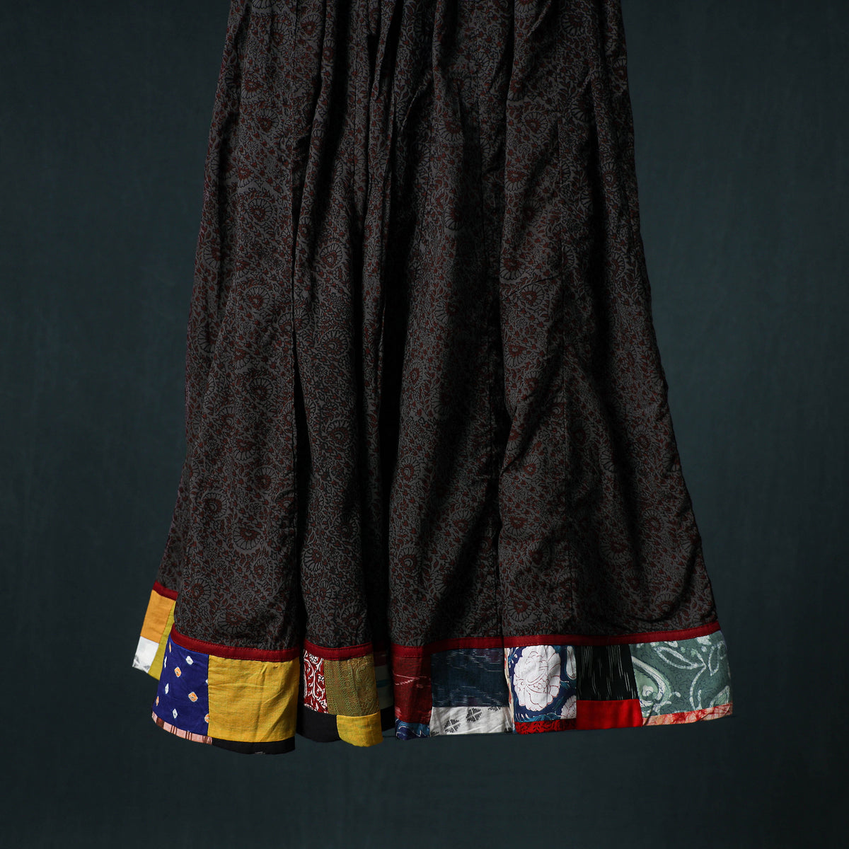 Bagh Hand Block Print 24 Kali Patchwork Cotton Long Skirt with Border 204