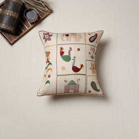 Beige - Bengal Kantha Hand Embroidered Cushion Cover (16 x 16 in) 22