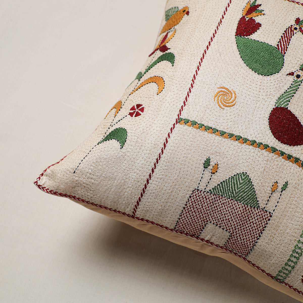 Beige - Bengal Kantha Hand Embroidered Cushion Cover (16 x 16 in) 22