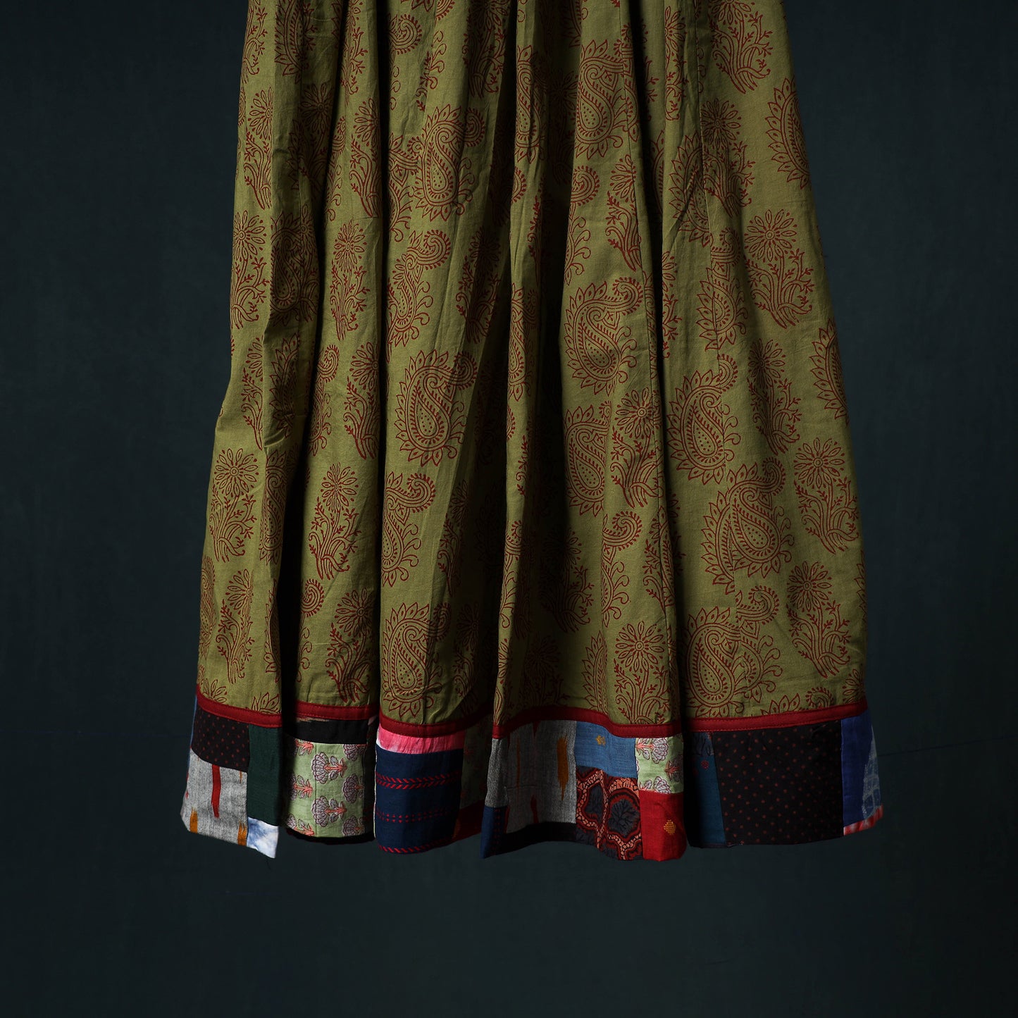 Bagh Hand Block Print 24 Kali Patchwork Cotton Long Skirt with Border 205
